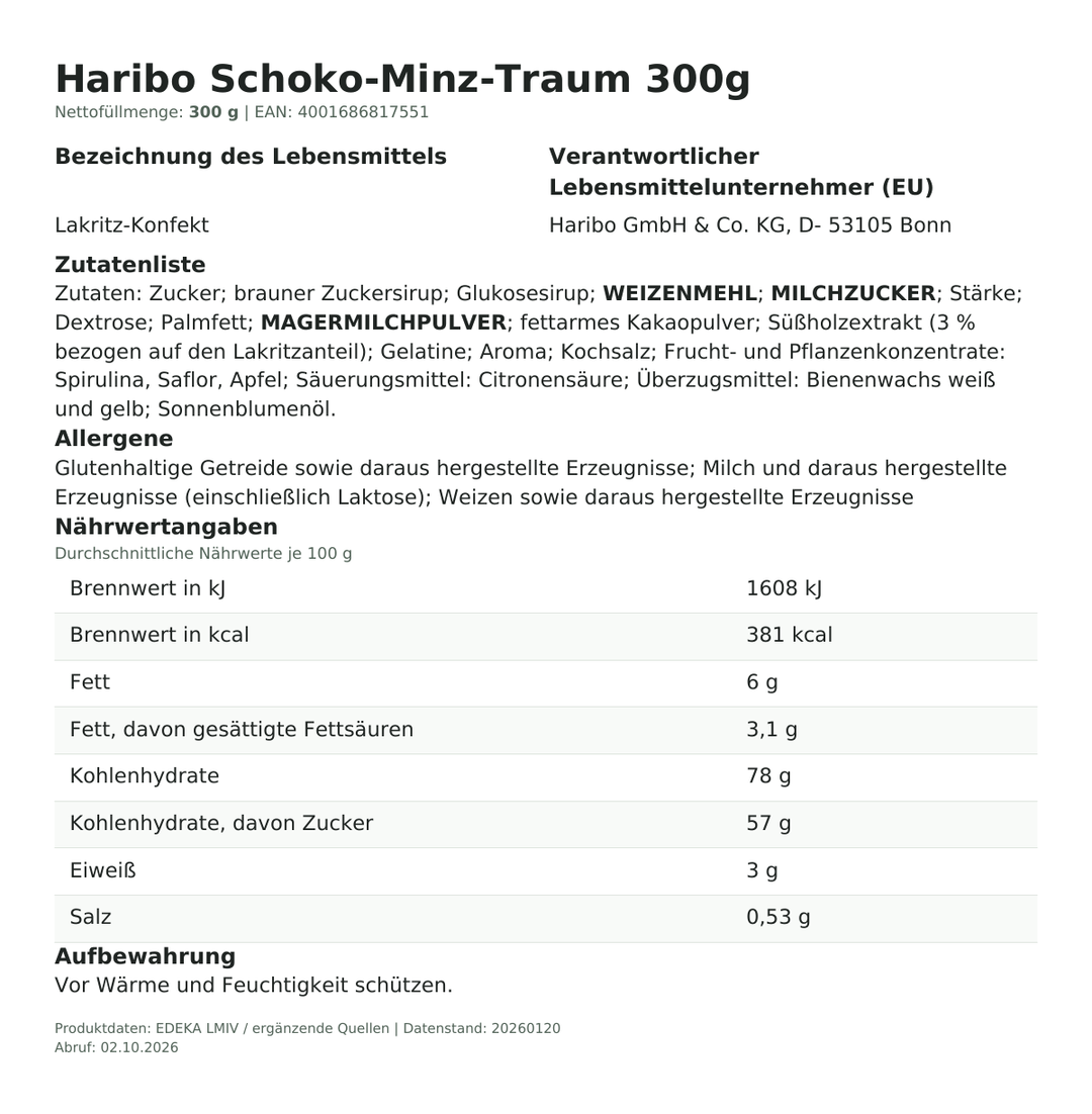 Produktinformationen zum Einzelprodukt – Haribo Schoko-Minz-Traum 300g