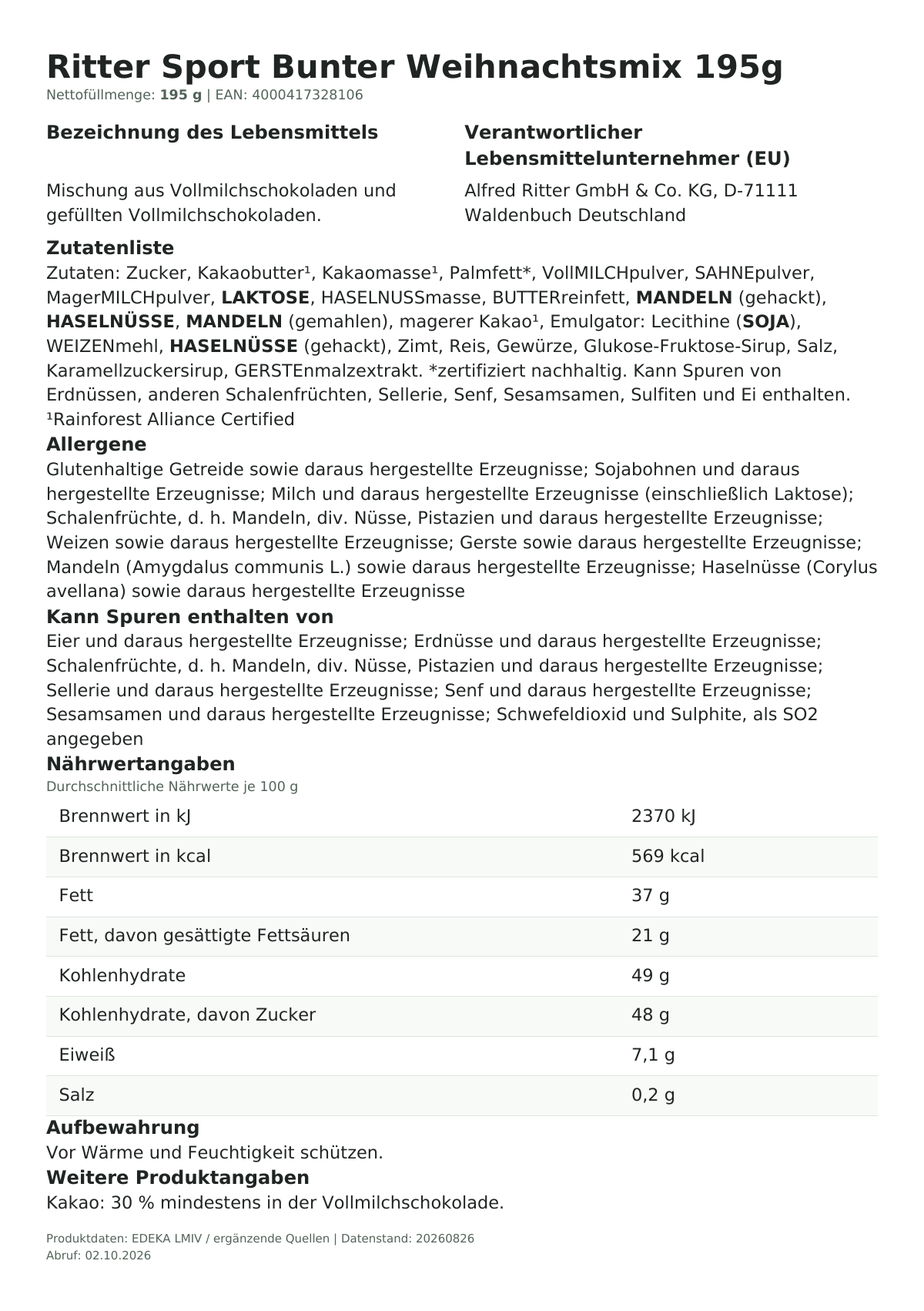 Lebensmittelinformationen je Einzelprodukt – Ritter Sport Bunter Weihnachtsmix 195g