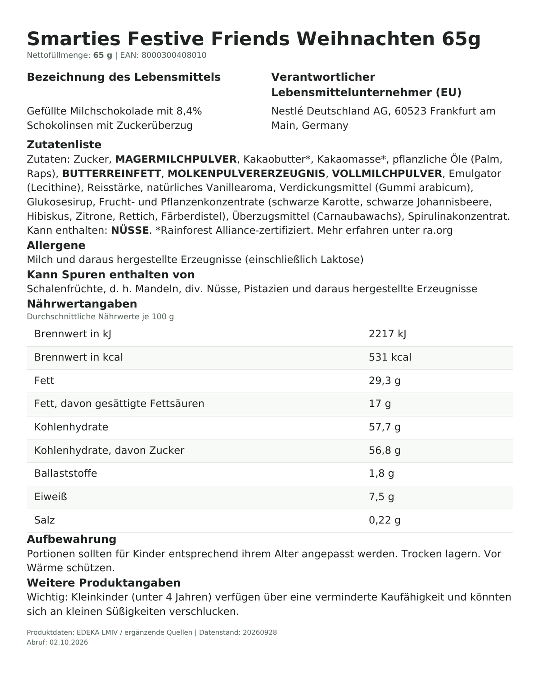 Lebensmittelinformationen je Einzelprodukt – Smarties Festive Friends Weihnachten 65g