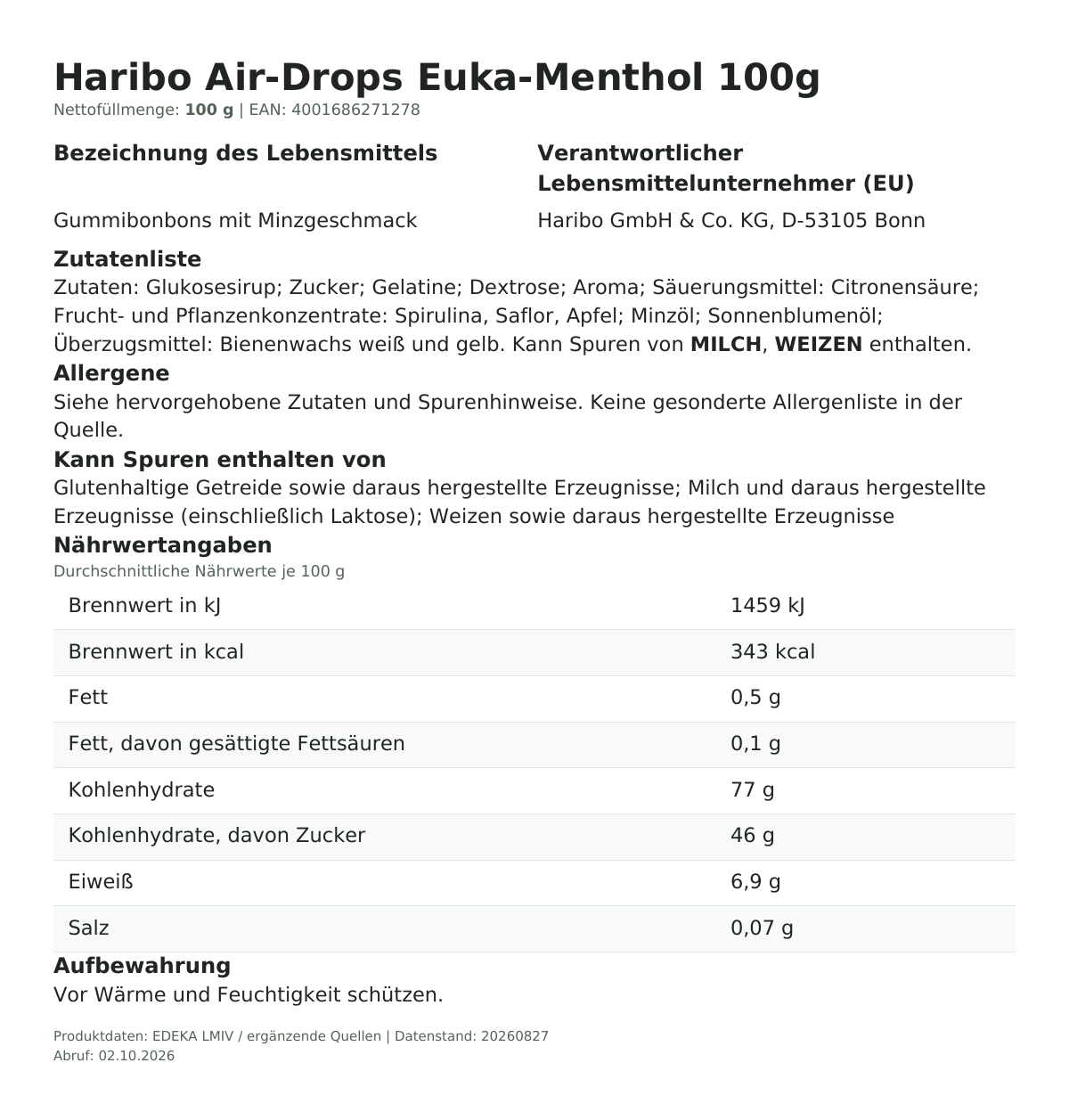 Lebensmittelinformationen je Einzelprodukt – Haribo Air-Drops Euka-Menthol 100g