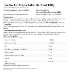 Lebensmittelinformationen je Einzelprodukt – Haribo Air-Drops Euka-Menthol 100g