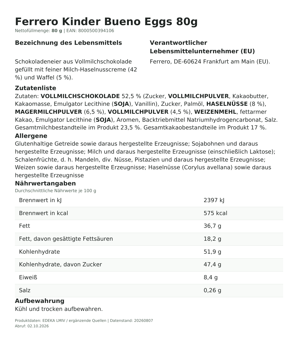Lebensmittelinformationen je Einzelprodukt – Ferrero Kinder Bueno Eggs 80g