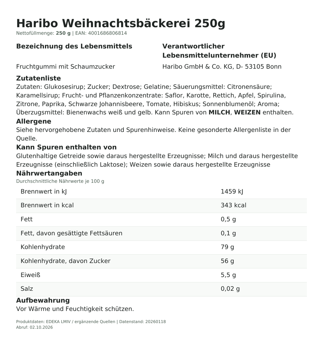 Produktinformationen zum Einzelprodukt – Haribo Weihnachtsbäckerei 250g