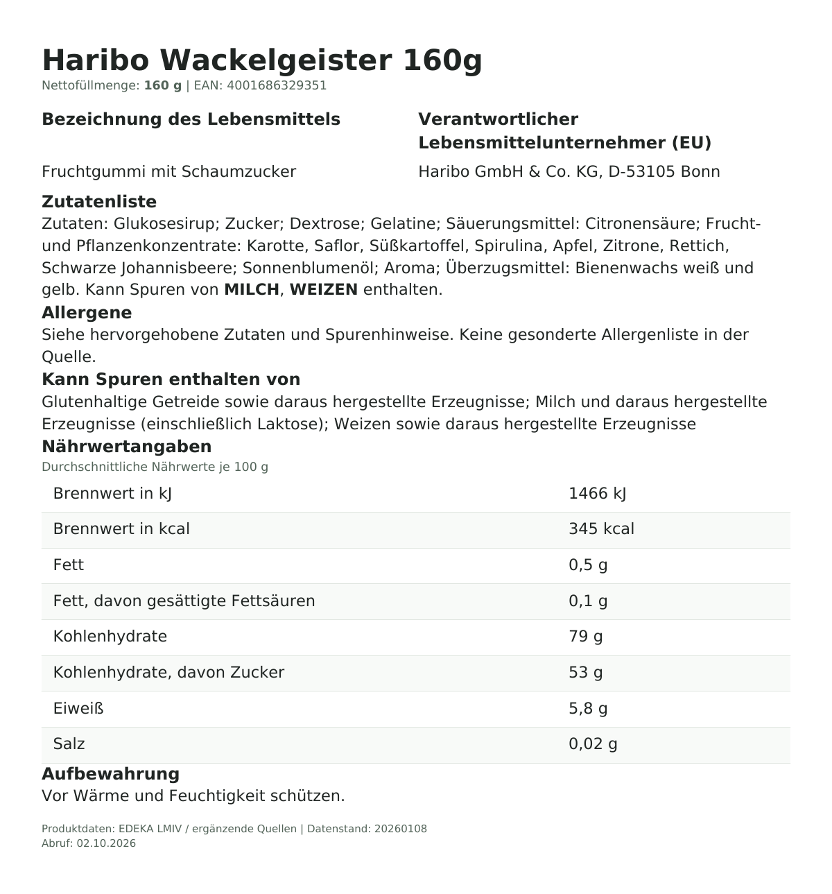 Lebensmittelinformationen je Einzelprodukt – Haribo Wackelgeister 160g