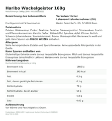 Lebensmittelinformationen je Einzelprodukt – Haribo Wackelgeister 160g