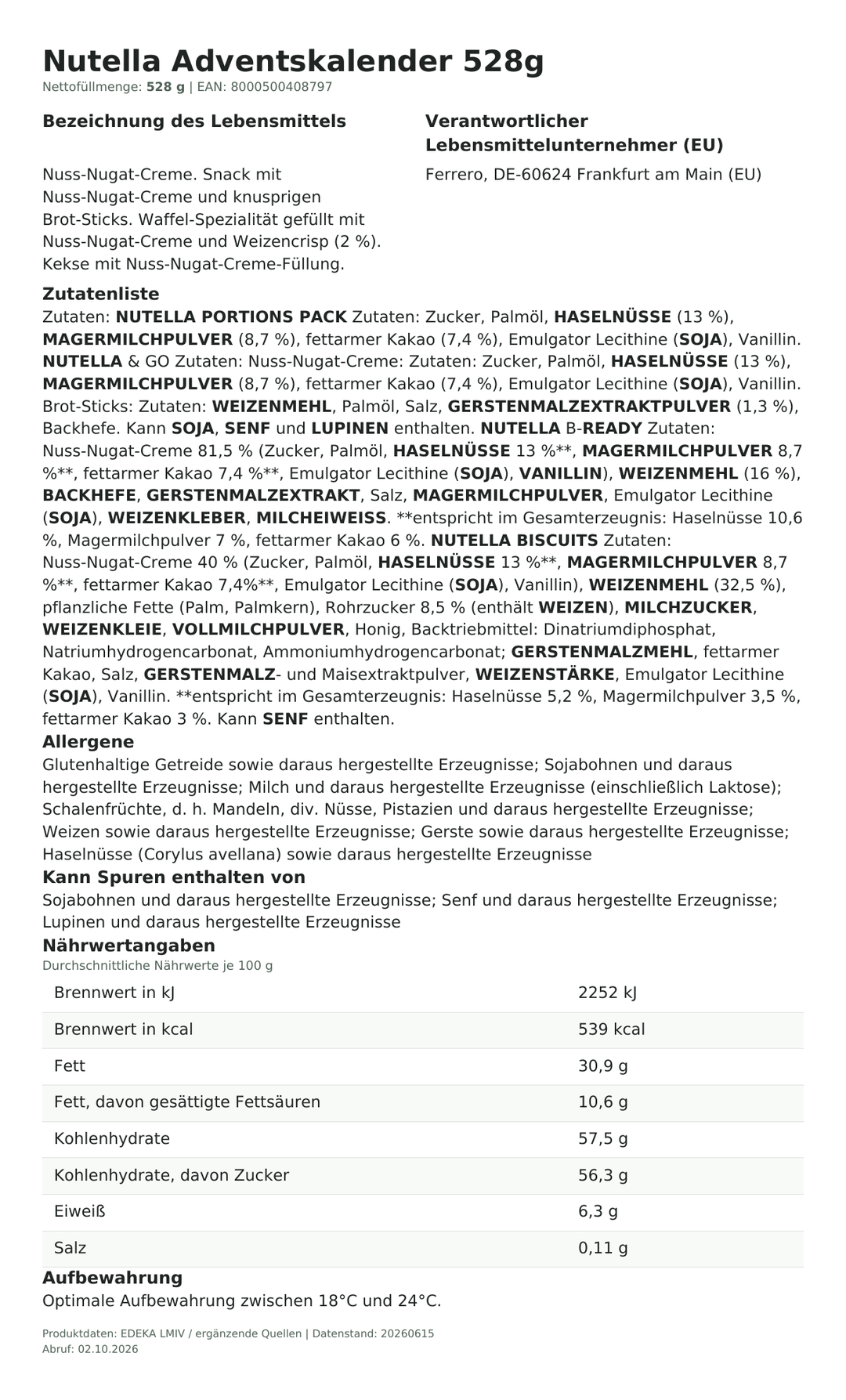 Produktinformationen zum Einzelprodukt – Nutella Adventskalender 528g