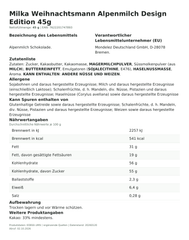 Lebensmittelinformationen je Einzelprodukt – Milka Weihnachtsmann Alpenmilch Design Edition 45g