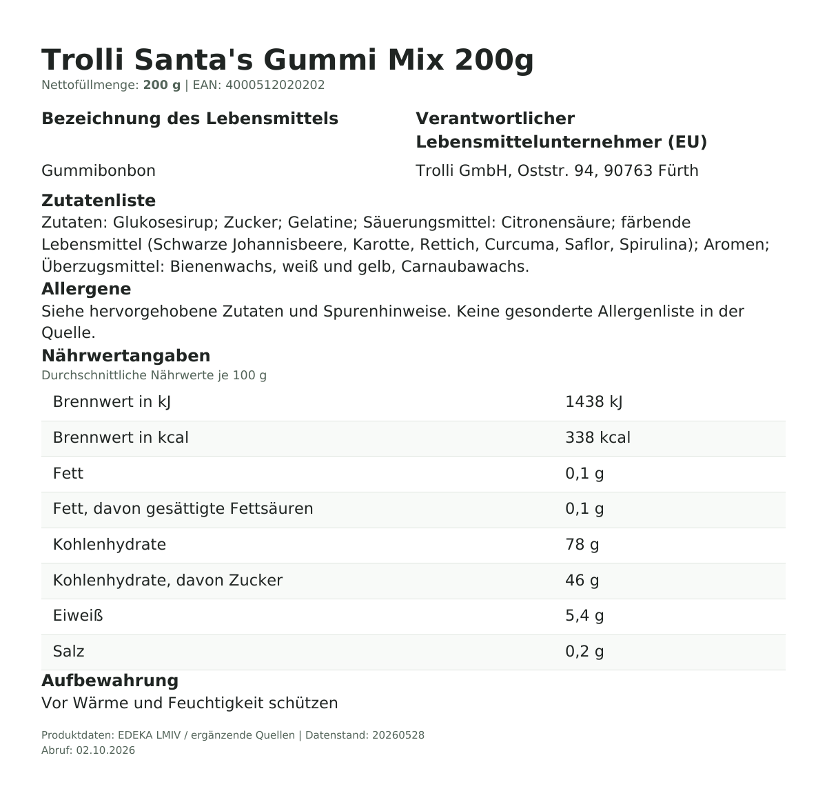 Lebensmittelinformationen je Einzelprodukt – Trolli Santa's Gummi Mix 200g