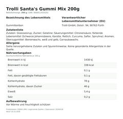 Lebensmittelinformationen je Einzelprodukt – Trolli Santa's Gummi Mix 200g