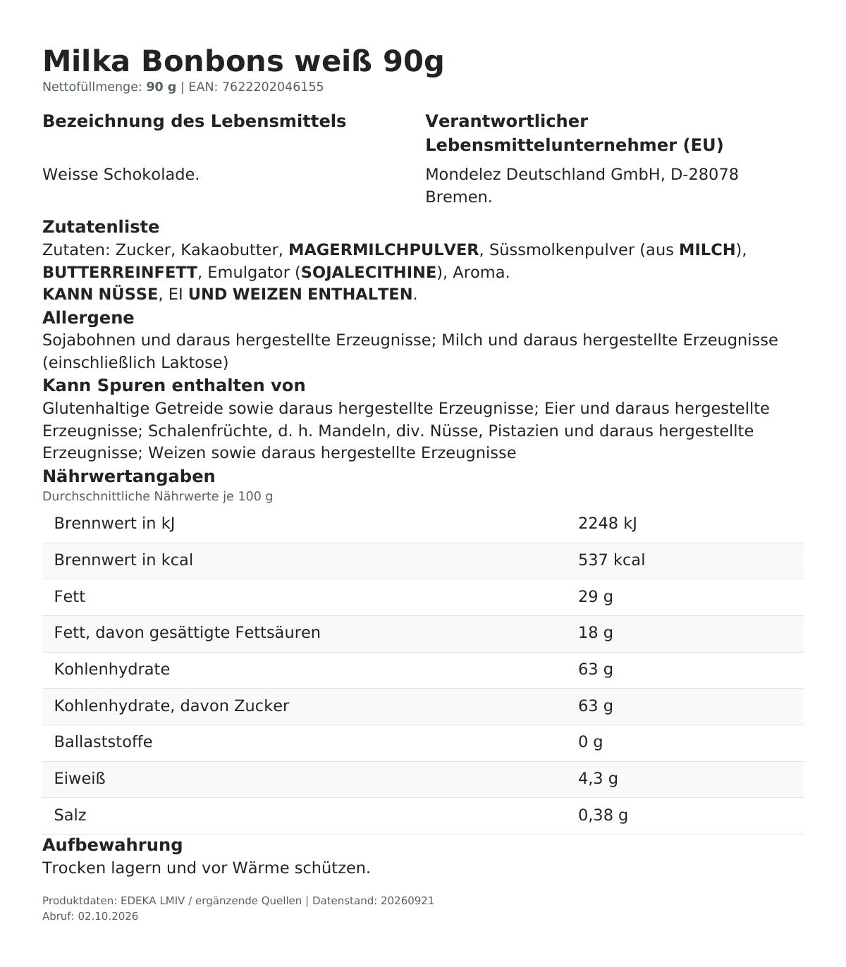 Lebensmittelinformationen je Einzelprodukt – Milka Bonbons weiß 90g