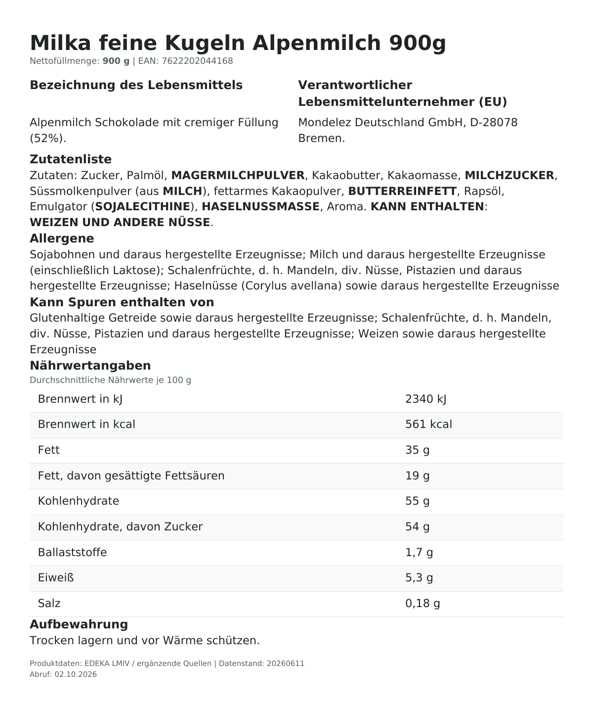 Produktinformationen zum Einzelprodukt – Milka feine Kugeln Alpenmilch 900g