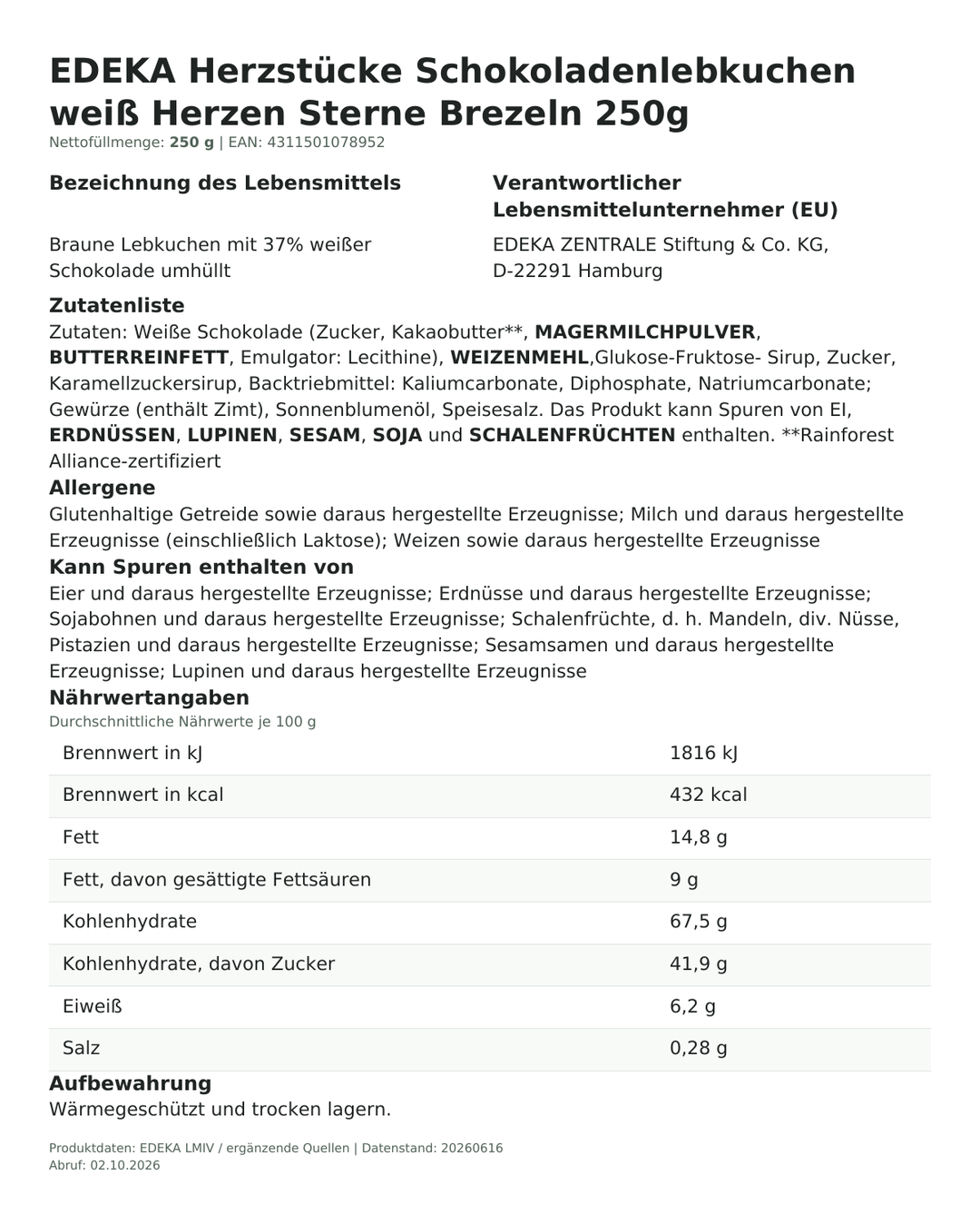 Produktinformationen zum Einzelprodukt – EDEKA Herzstücke Schokoladenlebkuchen weiß Herzen Sterne Brezeln 250g