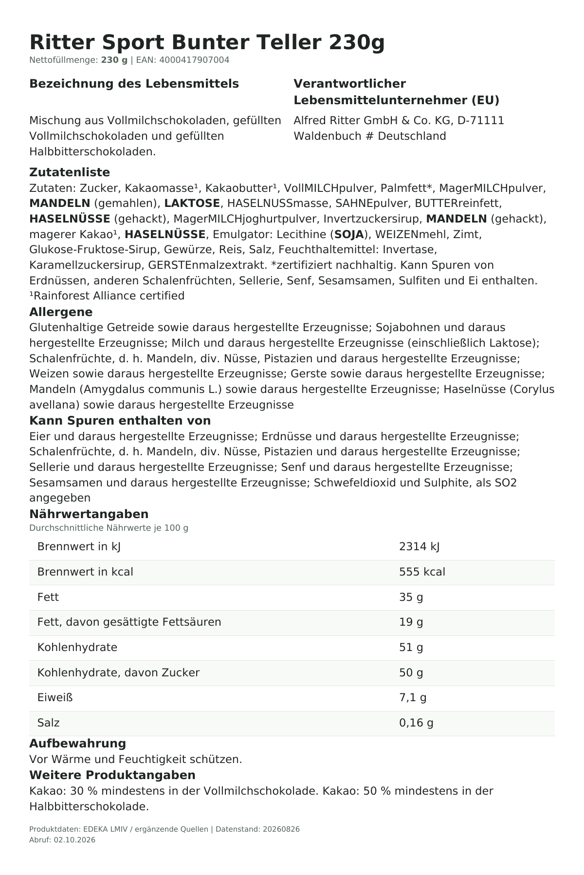 Lebensmittelinformationen je Einzelprodukt – Ritter Sport Bunter Teller 230g