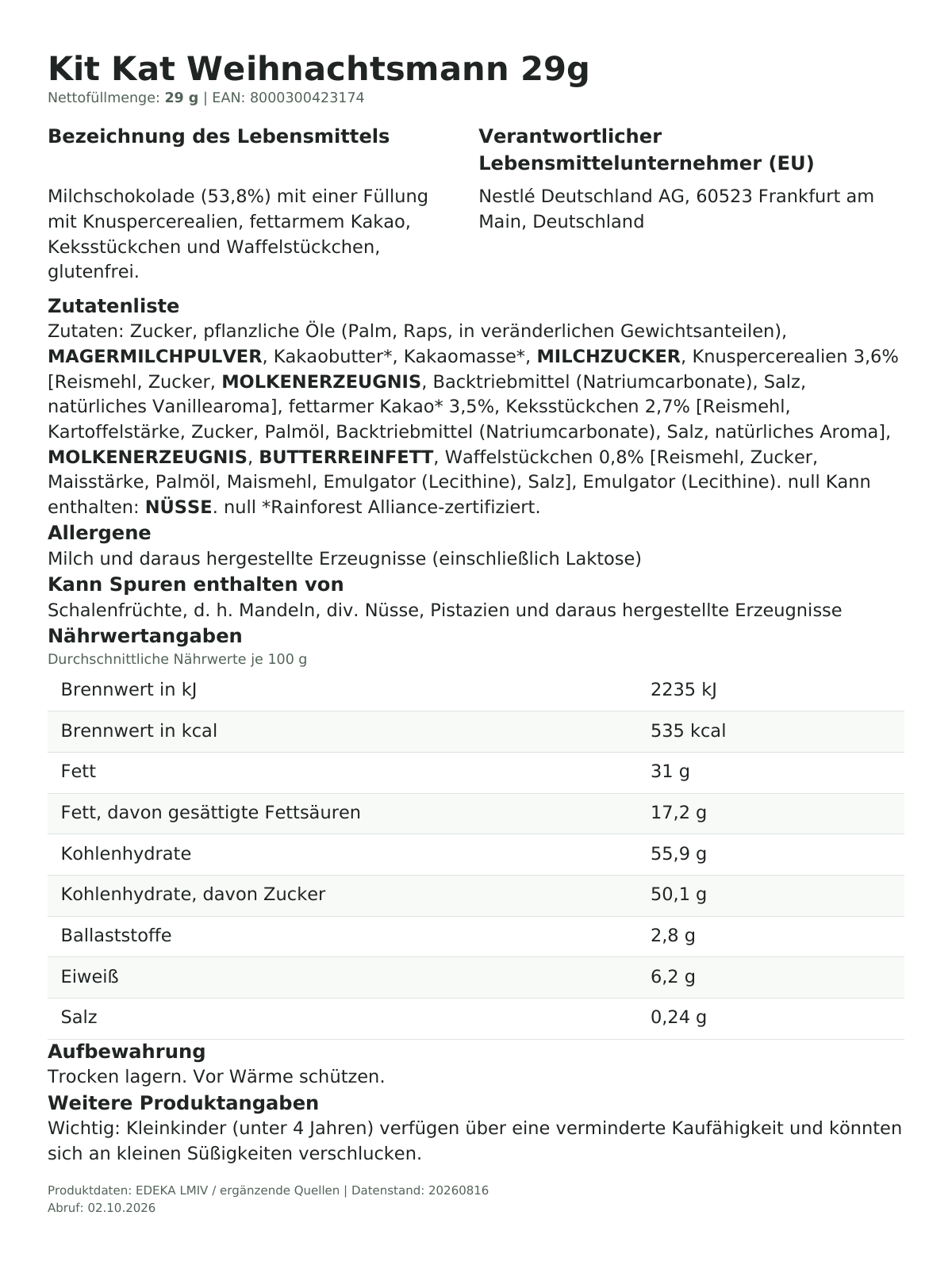 Lebensmittelinformationen je Einzelprodukt – Kit Kat Weihnachtsmann 29g