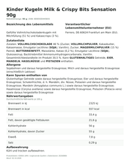 Lebensmittelinformationen je Einzelprodukt – Kinder Kugeln Milk & Crispy Bits Sensation 90g