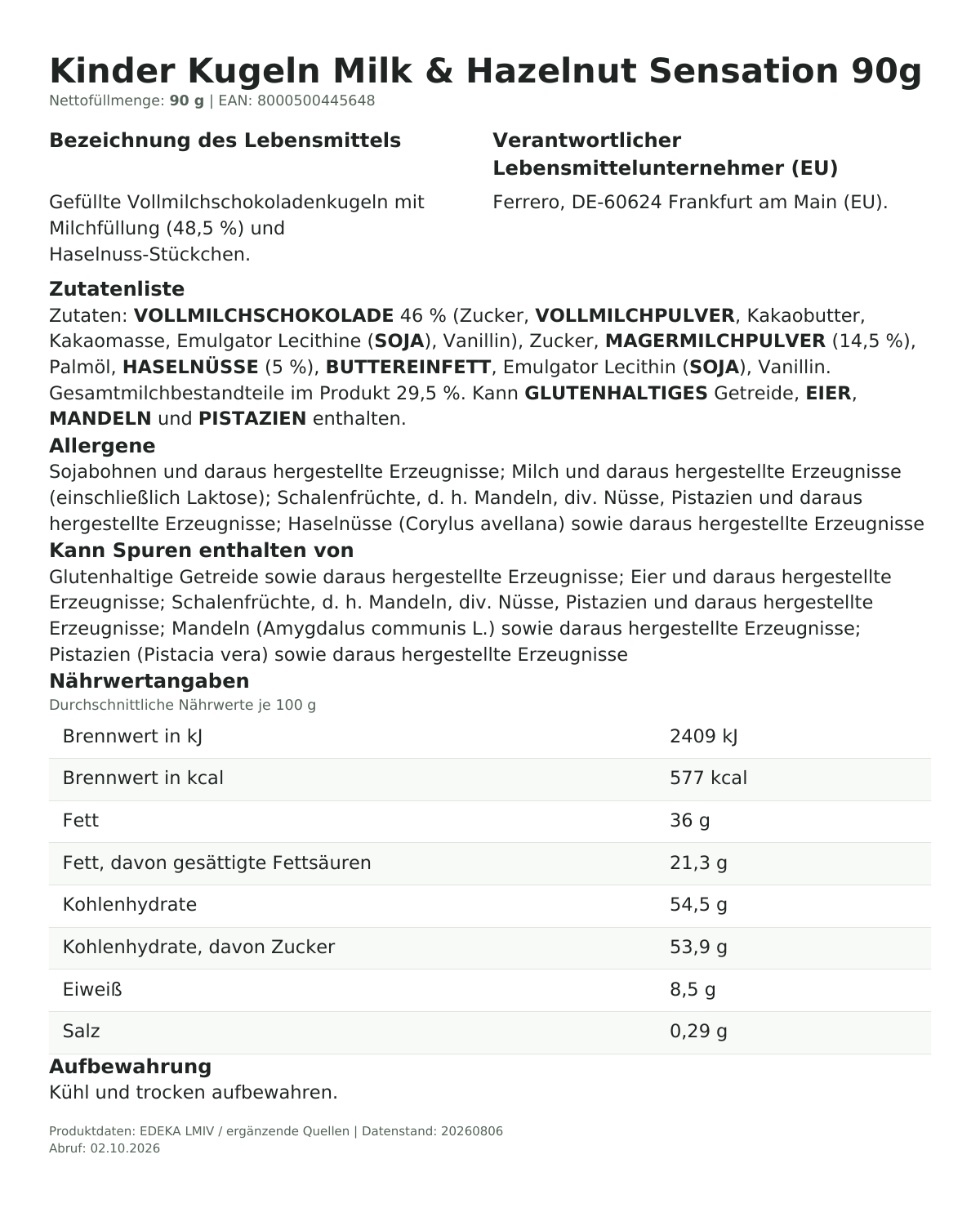 Lebensmittelinformationen je Einzelprodukt – Kinder Kugeln Milk & Hazelnut Sensation 90g