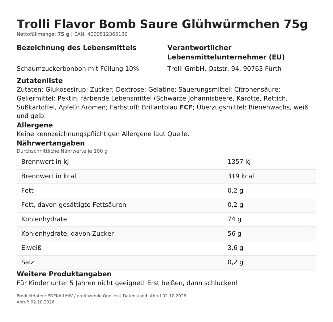 Lebensmittelinformationen je Einzelprodukt – Trolli Flavor Bomb Saure Glühwürmchen 75g