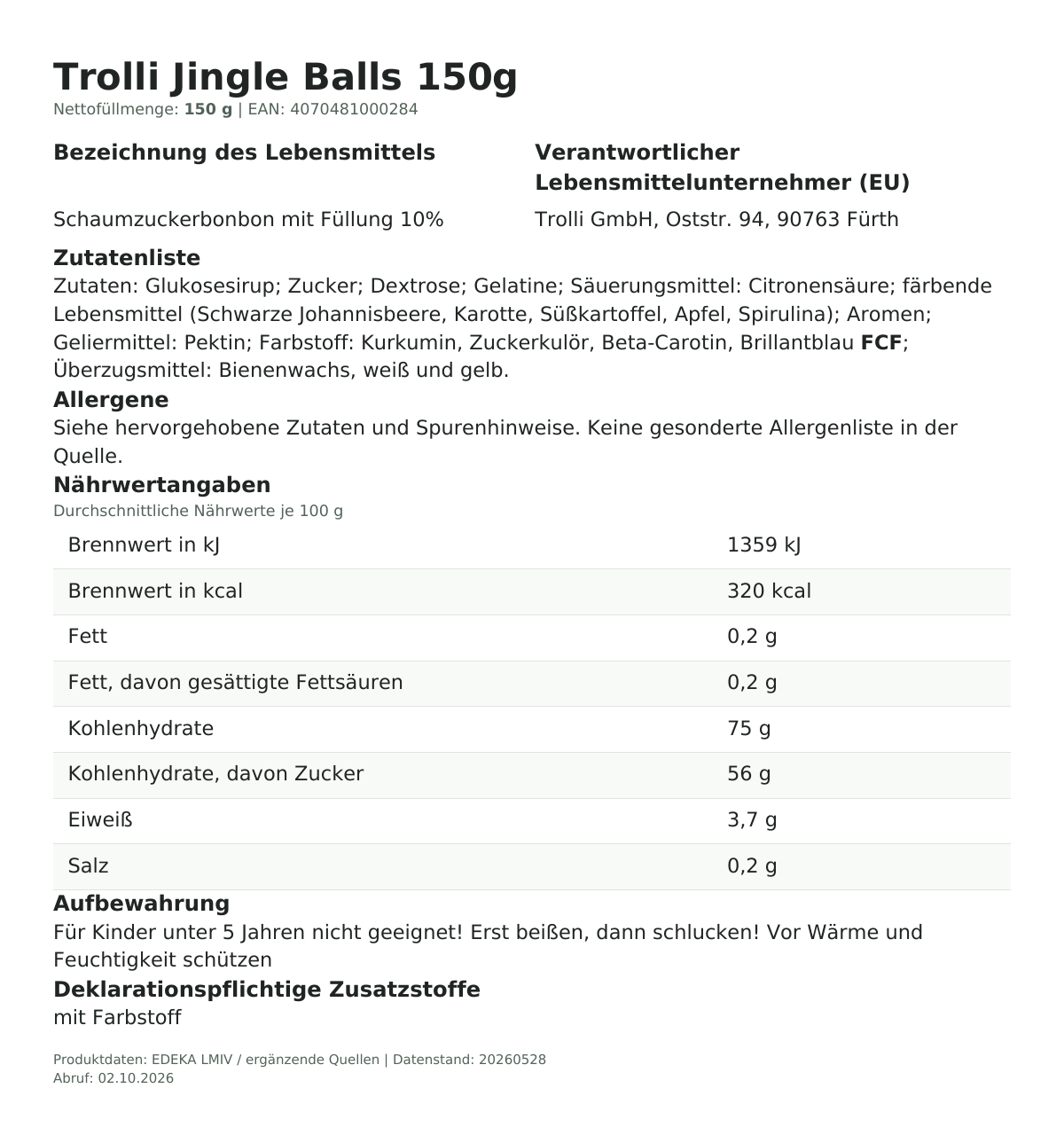 Lebensmittelinformationen je Einzelprodukt – Trolli Jingle Balls 150g