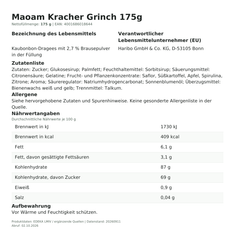 Lebensmittelinformationen je Einzelprodukt – Maoam Kracher Grinch 175g