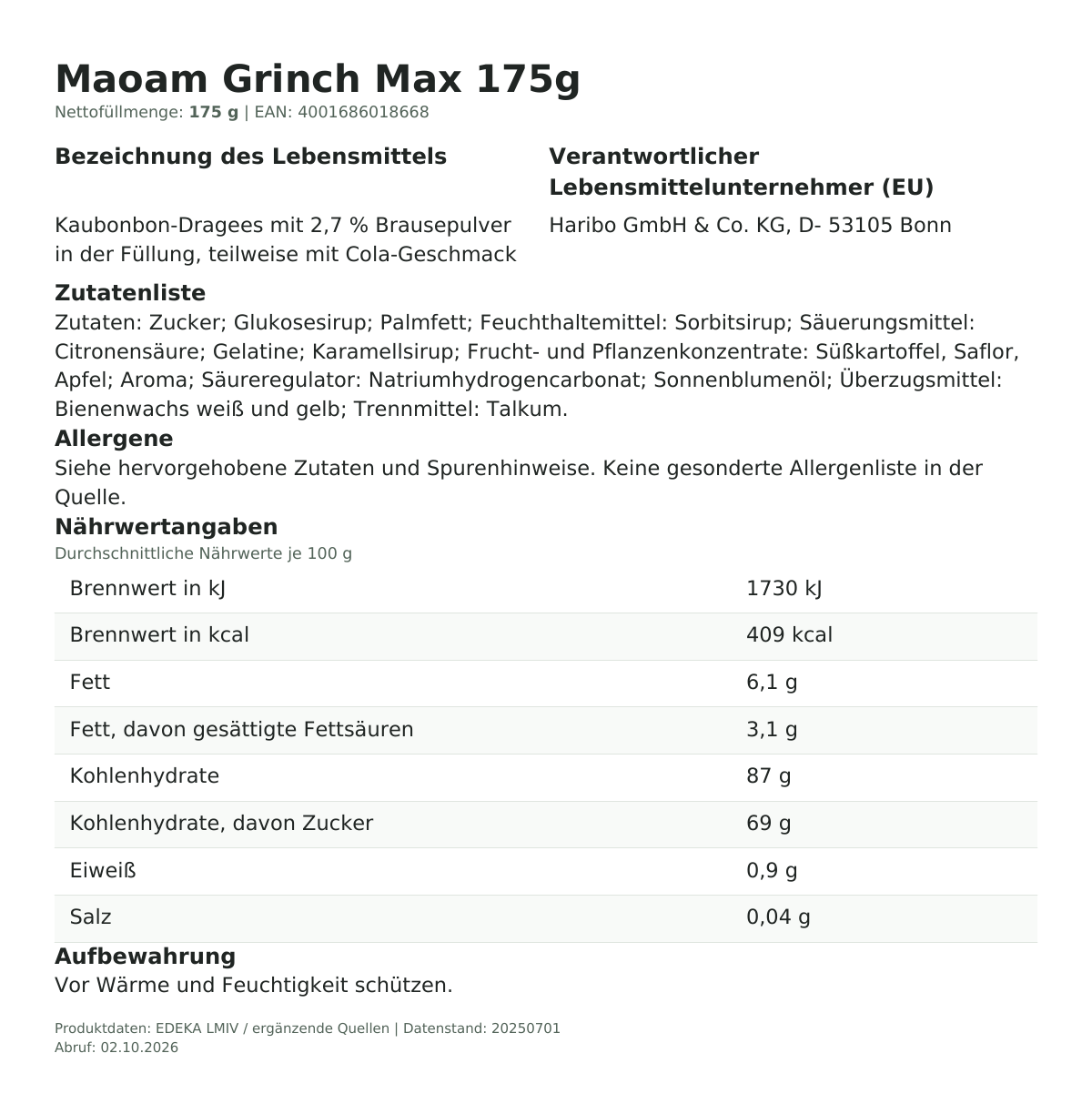 Lebensmittelinformationen je Einzelprodukt – Maoam Grinch Max 175g
