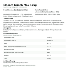 Lebensmittelinformationen je Einzelprodukt – Maoam Grinch Max 175g