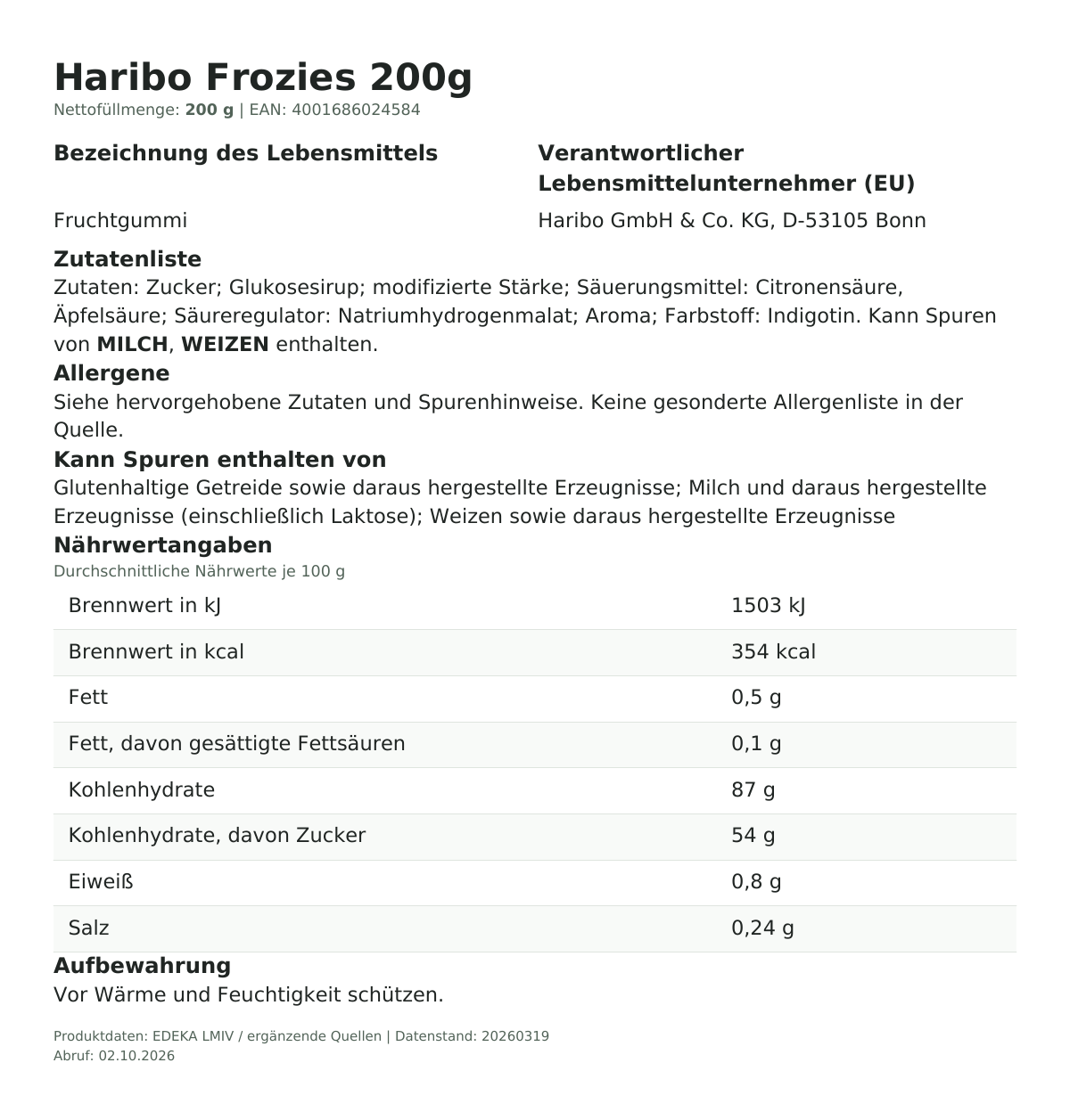Lebensmittelinformationen je Einzelprodukt – Haribo Frozies 200g