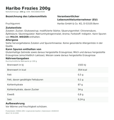 Lebensmittelinformationen je Einzelprodukt – Haribo Frozies 200g