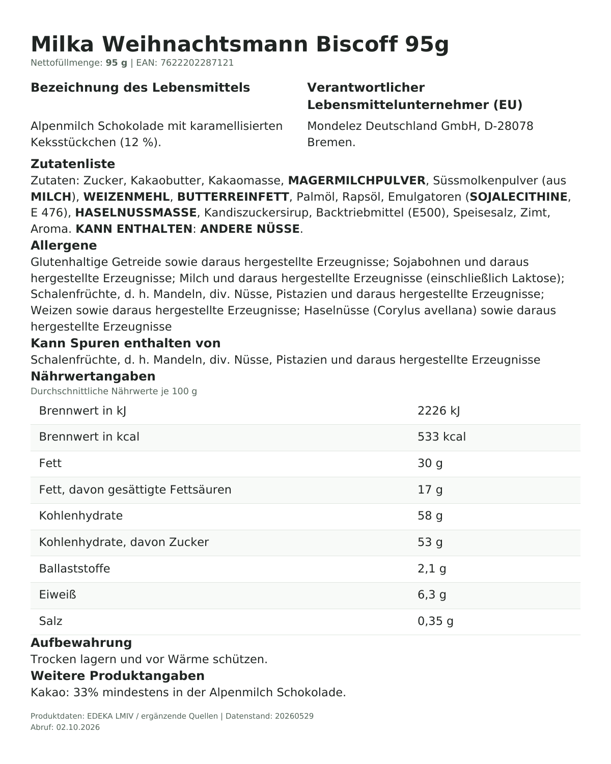 Lebensmittelinformationen je Einzelprodukt – Milka Weihnachtsmann Biscoff 95g