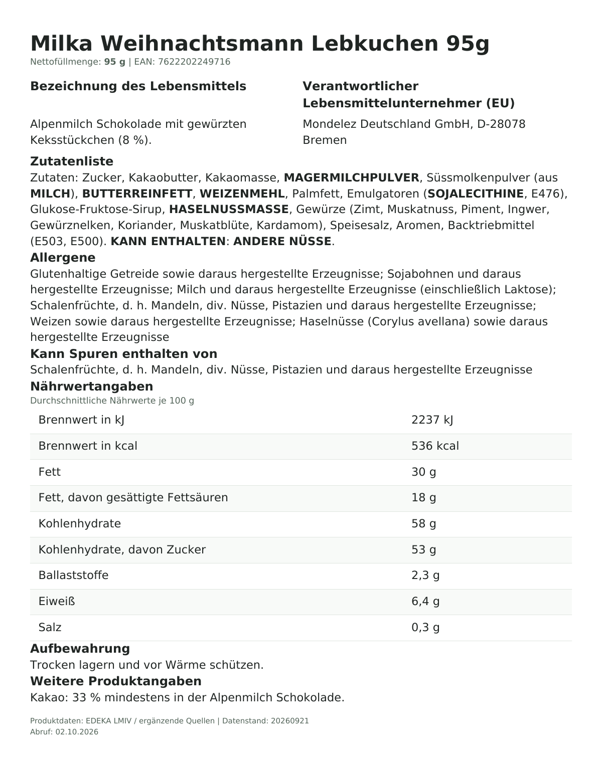 Lebensmittelinformationen je Einzelprodukt – Milka Weihnachtsmann Lebkuchen 95g