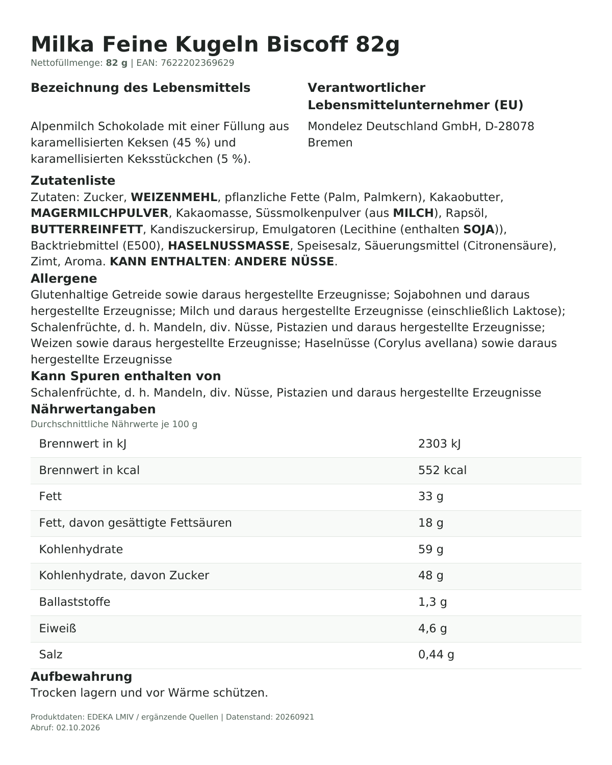 Lebensmittelinformationen je Einzelprodukt – Milka Feine Kugeln Biscoff 82g