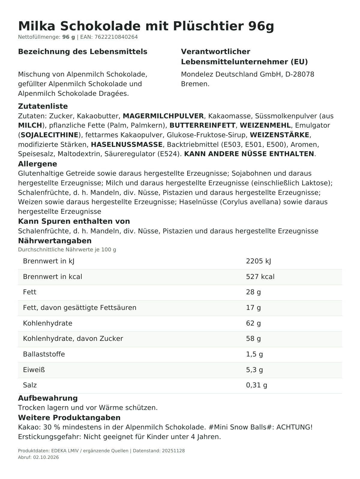 Lebensmittelinformationen je Einzelprodukt – Milka Schokolade mit Plüschtier 96g
