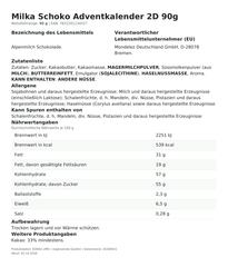 Lebensmittelinformationen je Einzelprodukt – Milka Schoko Adventkalender 2D 90g