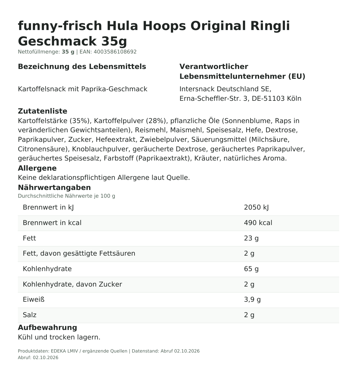 Lebensmittelinformationen je Einzelprodukt – funny-frisch Hula Hoops Original Ringli Geschmack 35g