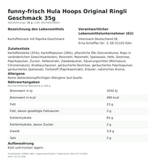 Lebensmittelinformationen je Einzelprodukt – funny-frisch Hula Hoops Original Ringli Geschmack 35g