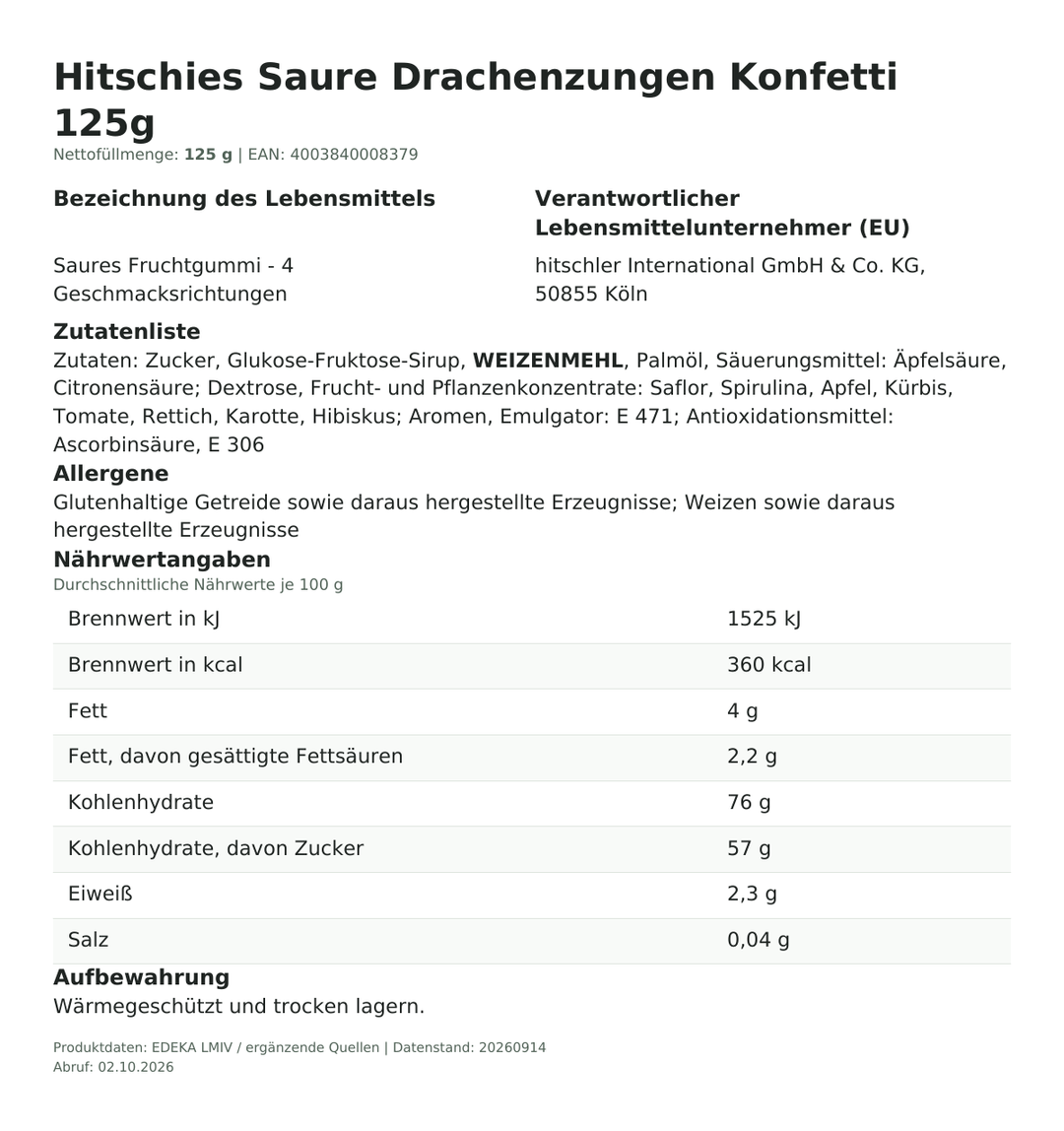 Lebensmittelinformationen je Einzelprodukt – Hitschies Saure Drachenzungen Konfetti 125g