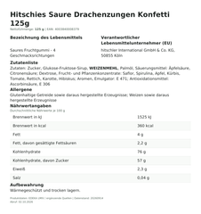 Lebensmittelinformationen je Einzelprodukt – Hitschies Saure Drachenzungen Konfetti 125g