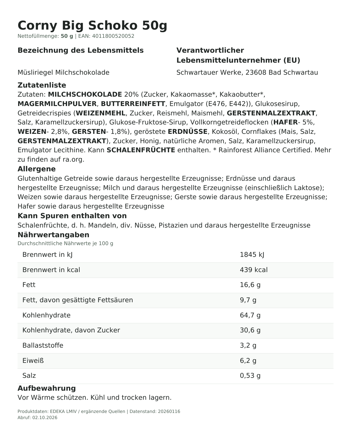 Lebensmittelinformationen je Einzelprodukt – Corny Big Schoko 50g