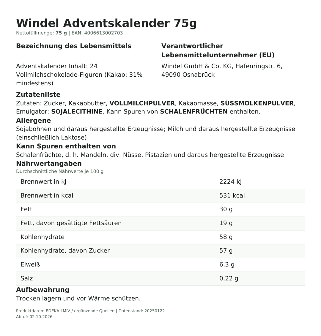 Lebensmittelinformationen je Einzelprodukt – Windel Adventskalender 75g