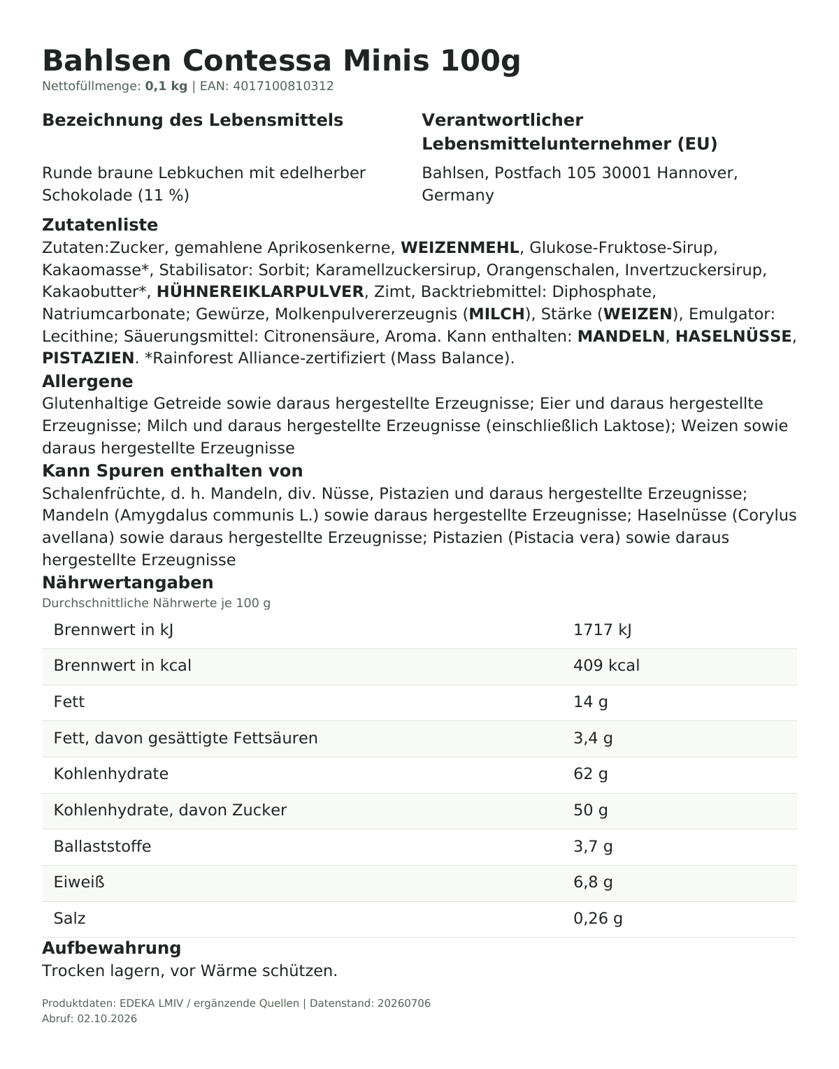 Lebensmittelinformationen je Einzelprodukt – Bahlsen Contessa Minis 100g