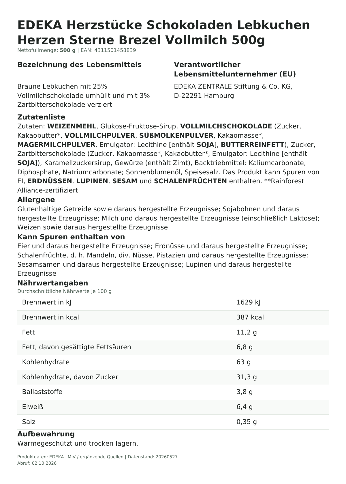 Produktinformationen zum Einzelprodukt – EDEKA Herzstücke Schokoladen Lebkuchen Herzen Sterne Brezel Vollmilch 500g