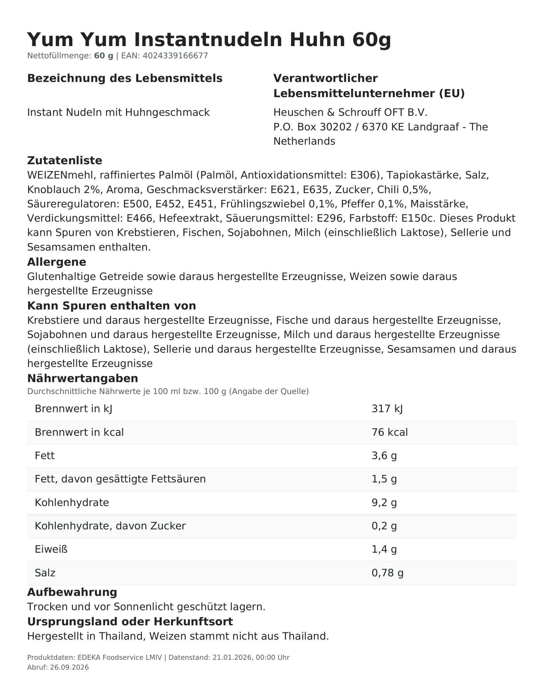 Lebensmittelinformationen: Yum Yum Inst.Nudeln Huhn 60g 60g