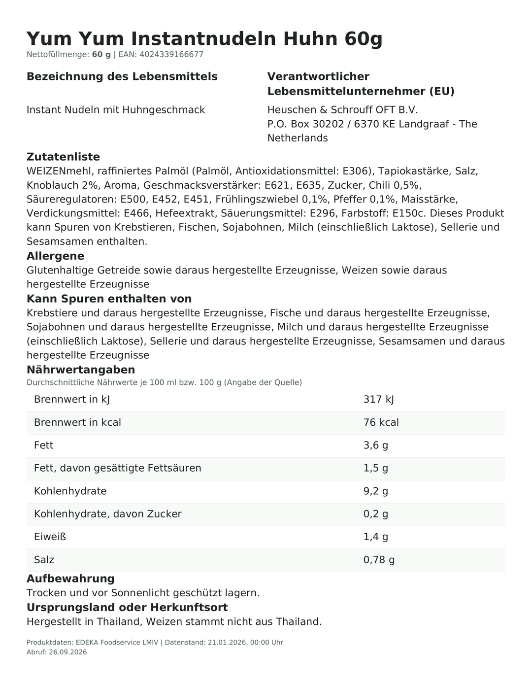 Produktinformationen zum Einzelprodukt – Yum Yum Instantnudeln Huhn 60g