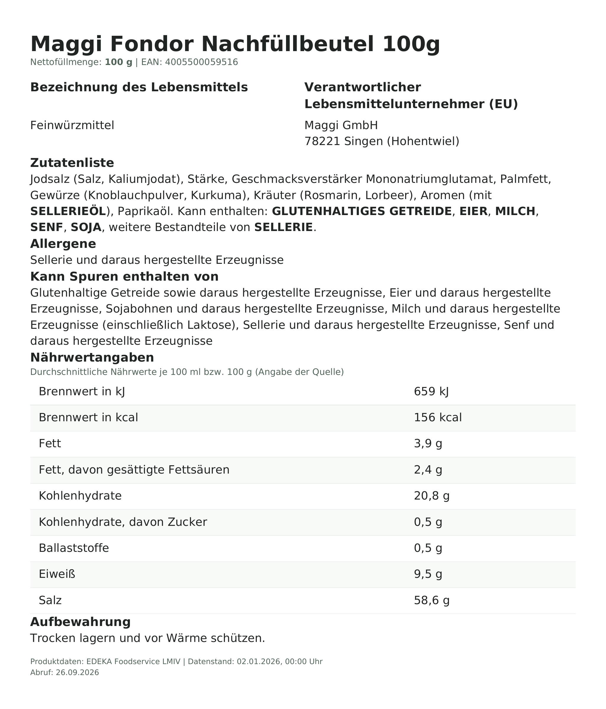 Maggi Fondor Nachfüllbeutel 100g – Lebensmittelangaben