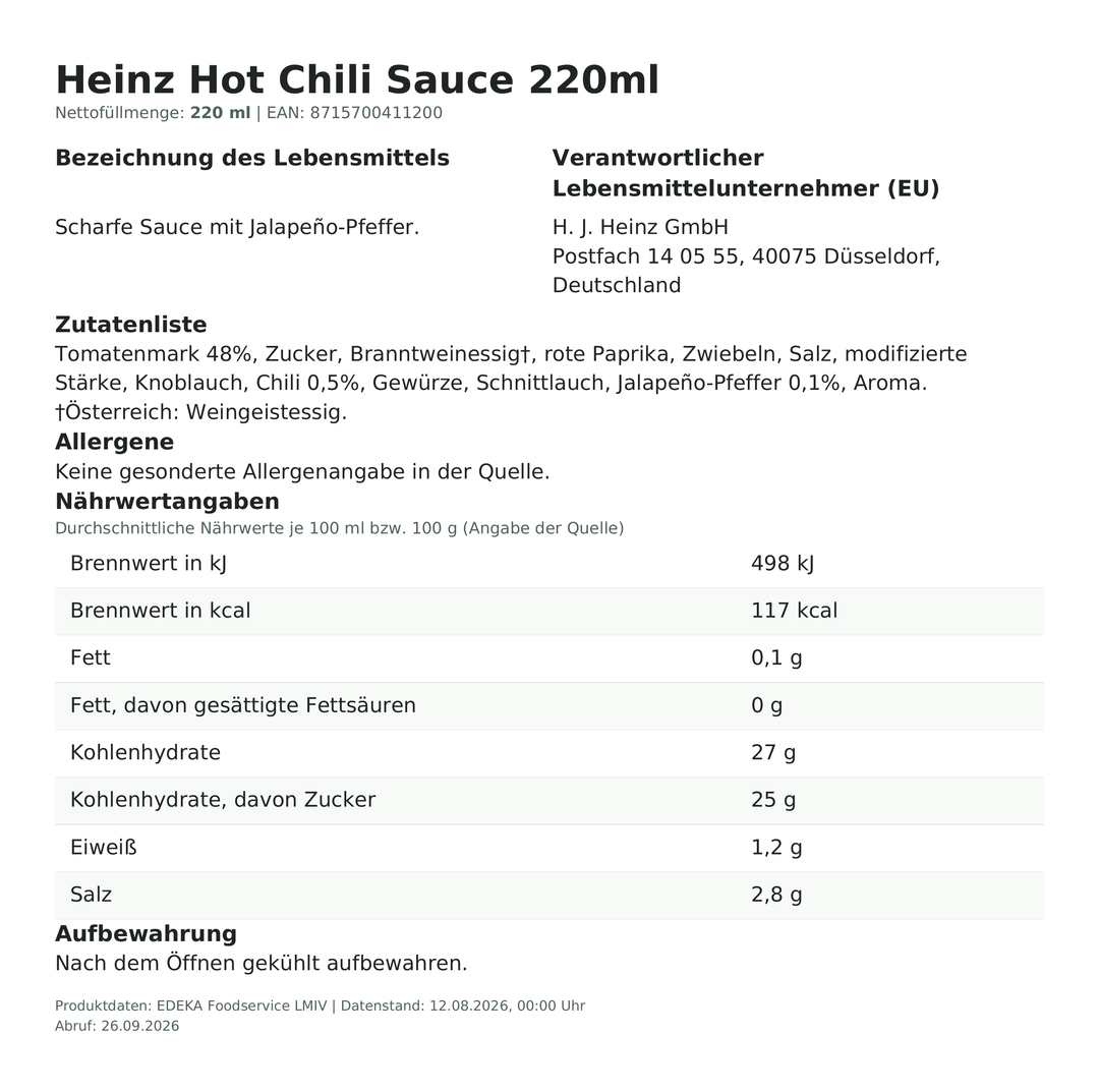 Produktinformationen zum Einzelprodukt – Heinz Hot Chili Sauce 220ml
