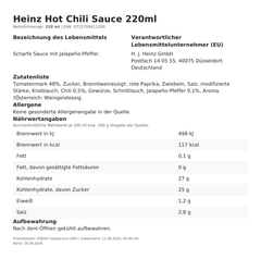 Lebensmittelinformationen: Heinz FK-Sauce Squeeze Hot Chili 220ml 220ml