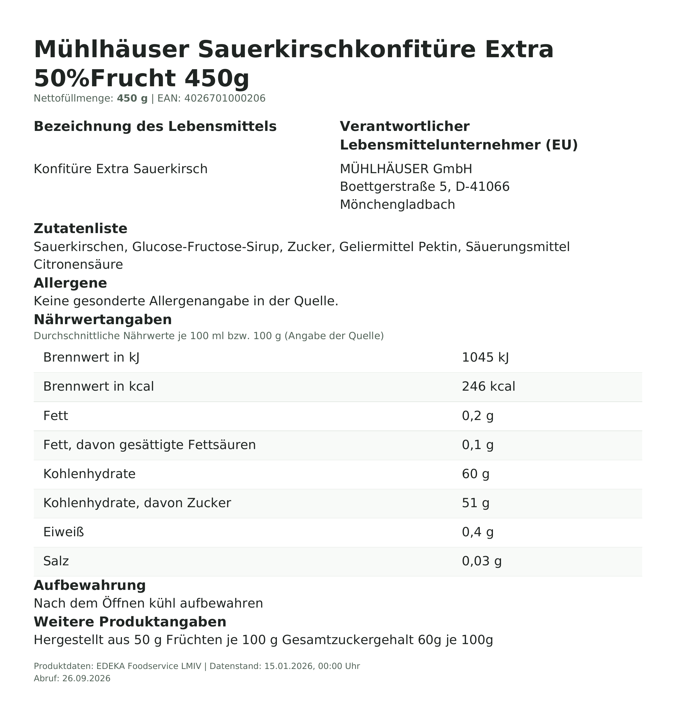 Produktinformationen – Mühlhäuser Sauerkirschkonfitüre Extra 50%Frucht 450g