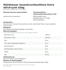 Produktinformationen – Mühlhäuser Sauerkirschkonfitüre Extra 50%Frucht 450g