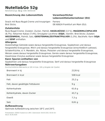 Nutella&Go 52g – Lebensmittelangaben