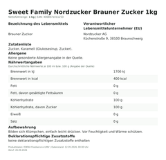 Lebensmittelinformationen: NZ Brauner Zucker 1Kg 1kg