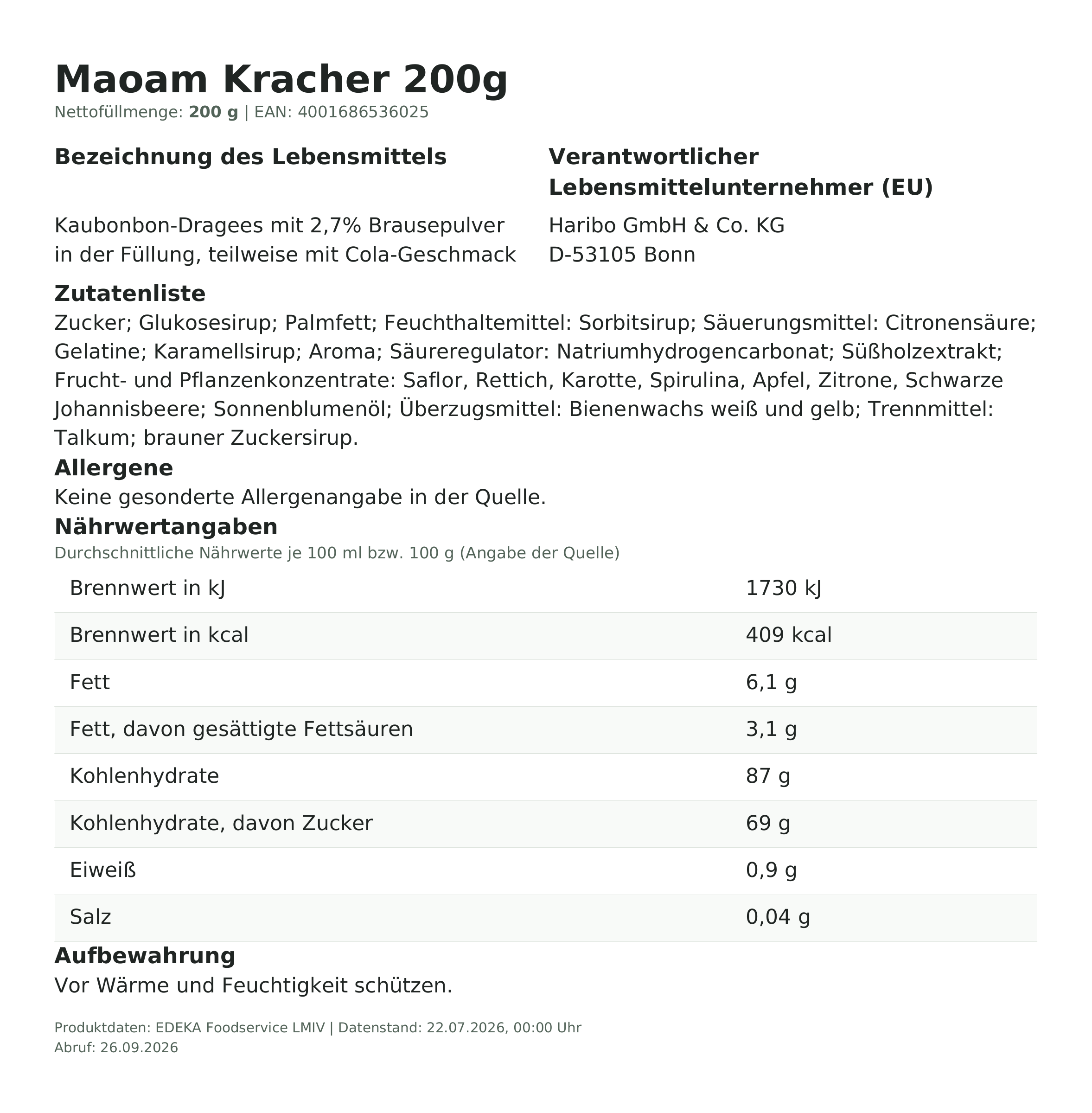 Lebensmittelinformationen: Maoam Kracher 200 g